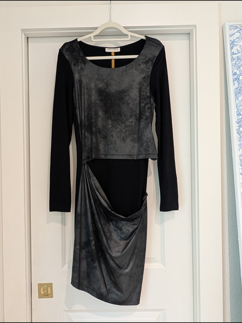 Cop.Copine Black and Charcoal Asymmetric Draped Long-Sleeve Dress